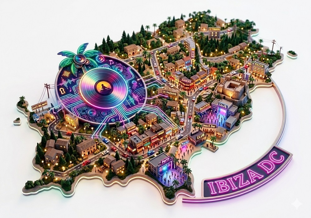 Map of Ibiza island showing clubs and beaches